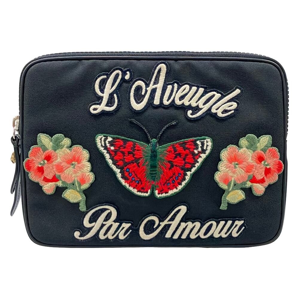 Gucci Embroidery Clutch Bag 473883 Black Green Multi